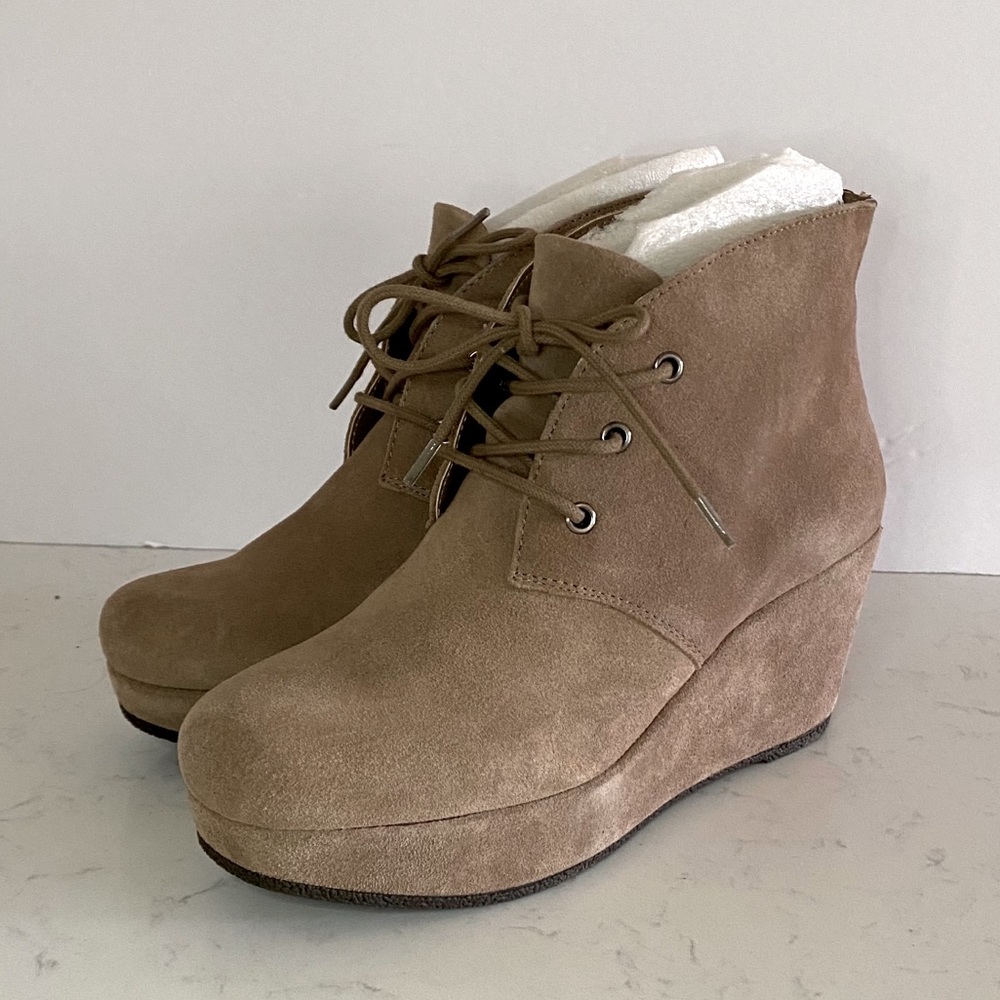 BCBG Kenan Suede Lace-up Wedge Booties (NIB)